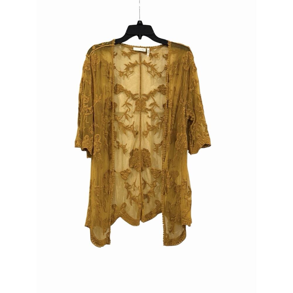 Women’s LUQ Mustard Yellow Sheer Lace Embroidered Kimono Cardigan Women’s Size M